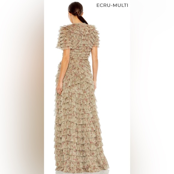 Mac Duggal 8017 Ecru Multicolored Fully Ruffled Short Sleeve Formal Dress 10 NWT - Picture 3 of 9